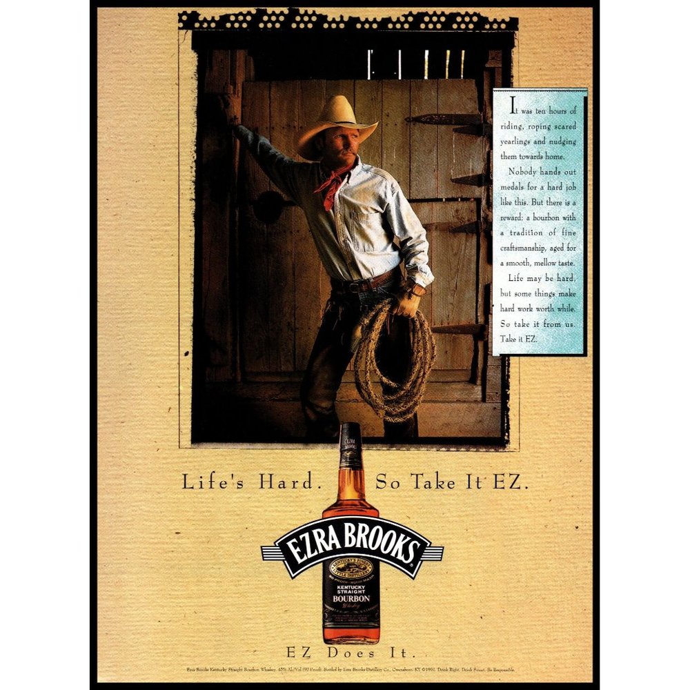 1992 Ezra Brooks Bourbon Whiskey Vintage Print Ad Cowboy Lasso Chaps Wall Art